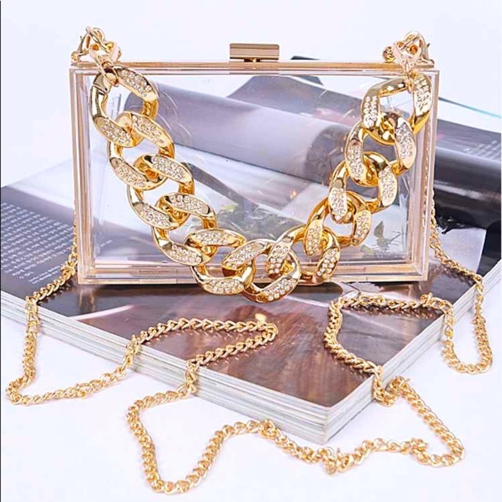 Crystal Chunky Chain Gold/Clear Box Clutch Handbag
